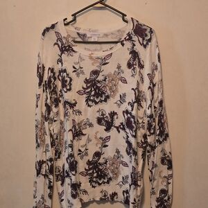 Liz Claiborne Purple and Cream Floral Long Sleeve Top